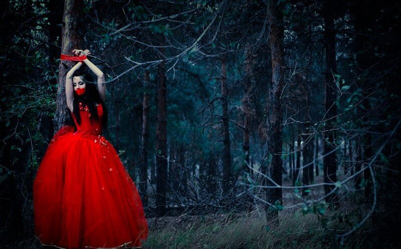 Woman in Red Dress — Dark, Night, Photograph