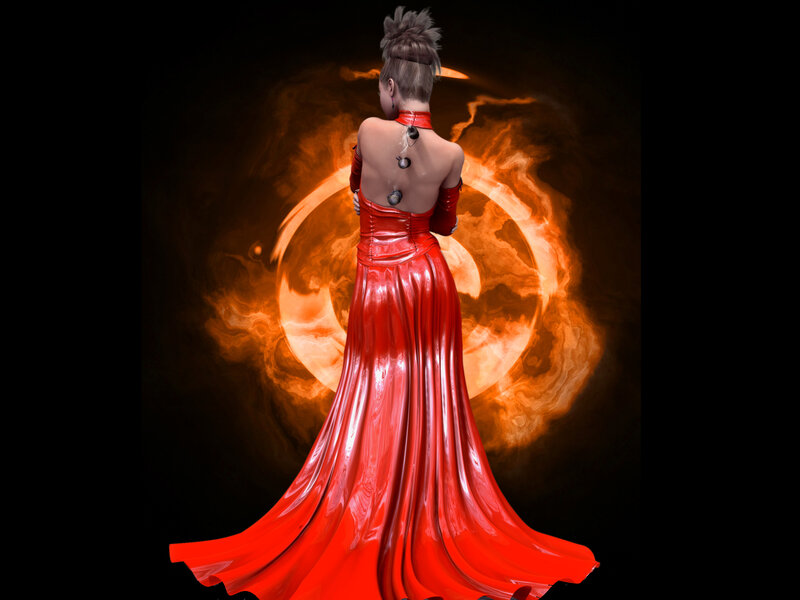 Woman in Red Dress — Dramatic, 3d Render, Fire
