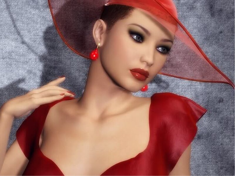 Woman in Red Dress — Dramatic, 3d Render, Hat