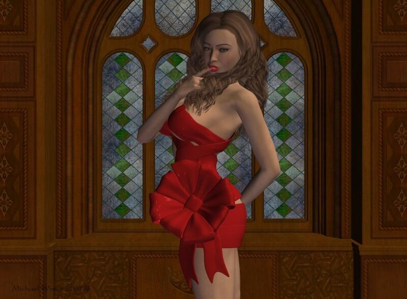Woman in Red Dress — Dramatic, 3d Render, Stained Glass Window
