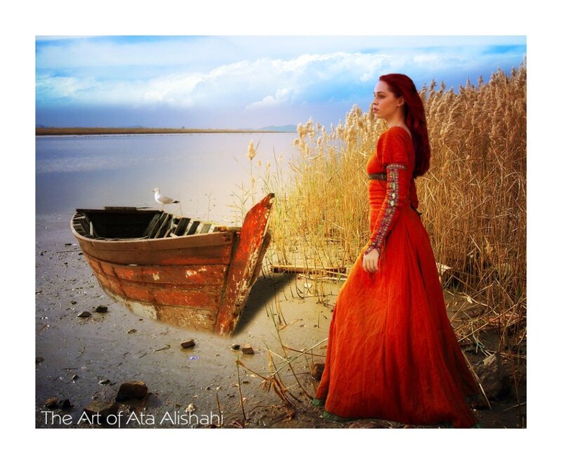 Woman in Red Dress — Dramatic, Afternoon, Digital Art, Boat