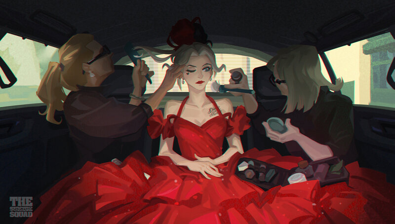 Woman in Red Dress — Dramatic, Afternoon, Digital Art, Car Interior