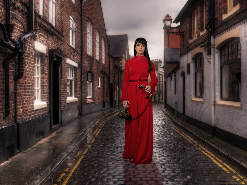 Woman in Red Dress — Dramatic, Afternoon, Digital Art, Cobblestone Street