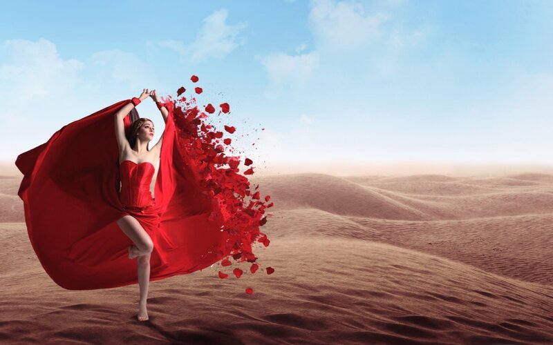Woman in Red Dress — Dramatic, Afternoon, Digital Art, Desert