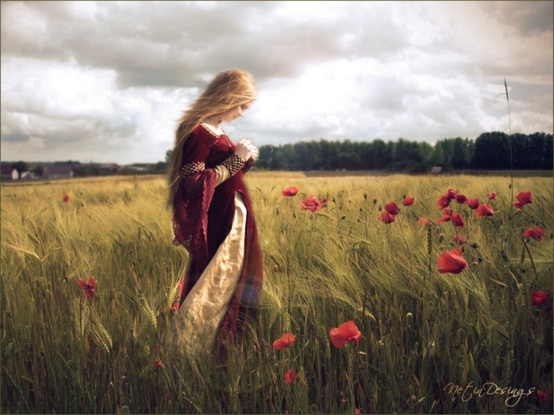 Woman in Red Dress — Dramatic, Afternoon, Digital Art, Field
