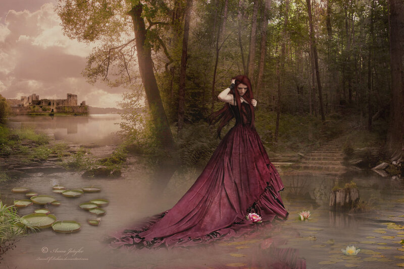 Woman in Red Dress — Dramatic, Afternoon, Digital Art, Forest