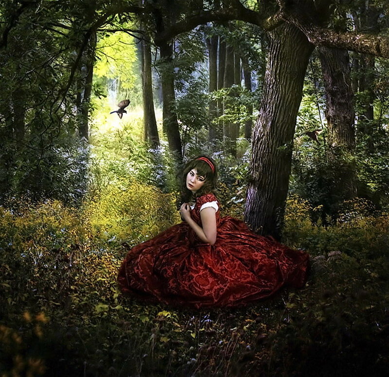 Woman in Red Dress — Dramatic, Afternoon, Digital Art, Forest, Tree