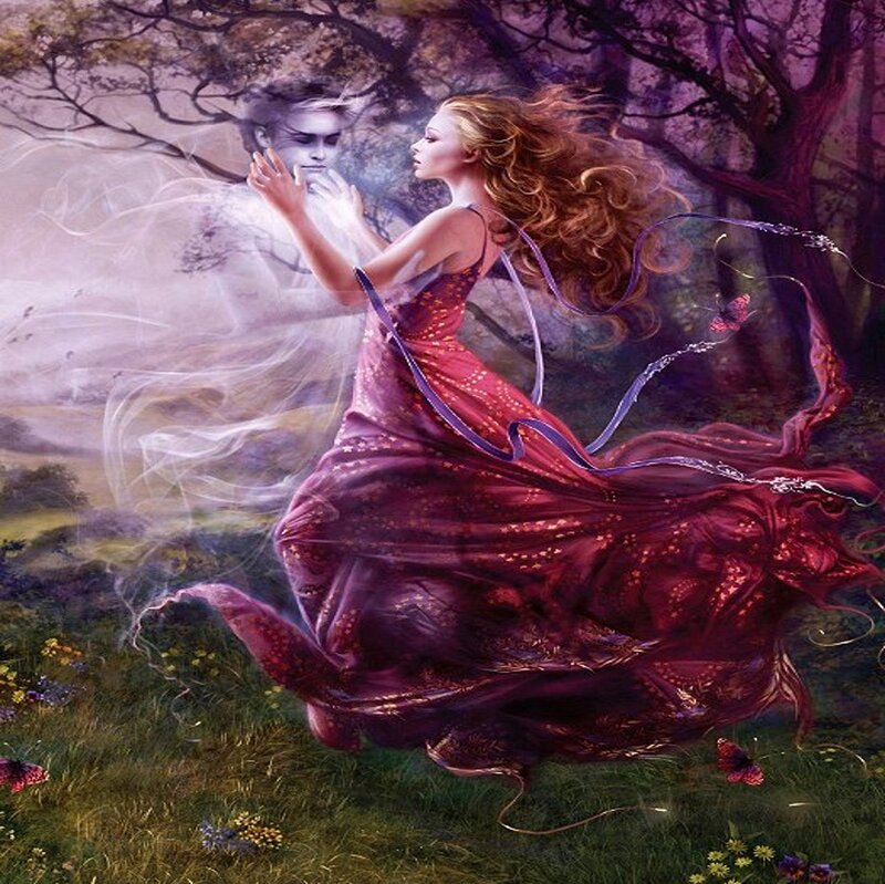 Woman in Red Dress — Dramatic, Afternoon, Digital Art, Ghostly Figure