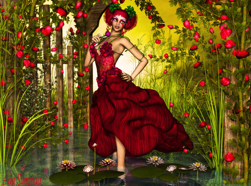 Woman in Red Dress — Dramatic, Afternoon, Digital Art, Roses