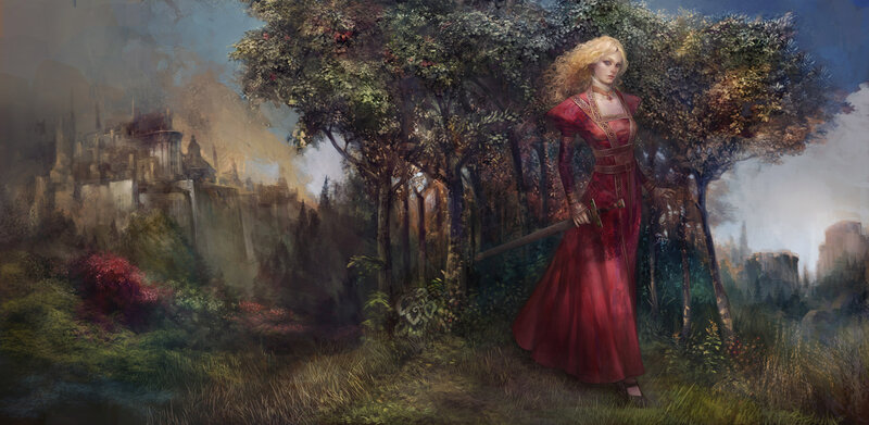 Woman in Red Dress — Dramatic, Afternoon, Digital Art, Sword, Forest