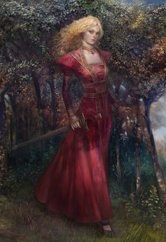 Woman in Red Dress — Dramatic, Afternoon, Digital Art, Sword