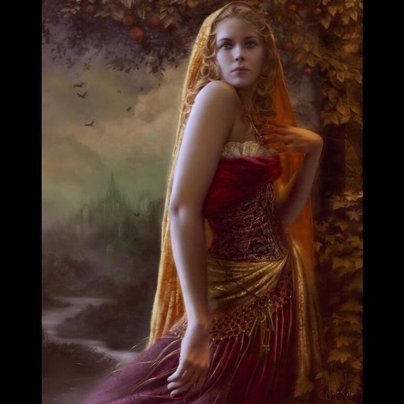 Woman in Red Dress — Dramatic, Afternoon, Digital Art, Veil