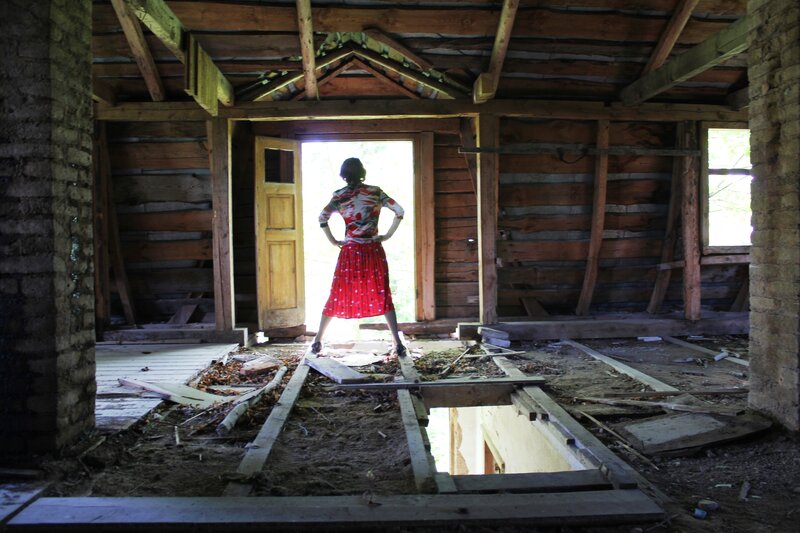 Woman in Red Dress — Dramatic, Afternoon, Photograph, Abandoned Building