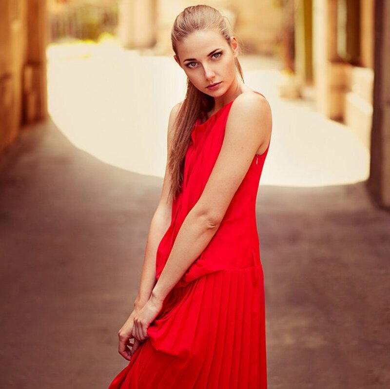 Woman in Red Dress — Dramatic, Afternoon, Photograph, Alley
