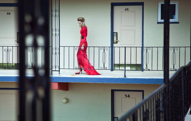 Woman in Red Dress — Dramatic, Afternoon, Photograph, Balcony, Doors