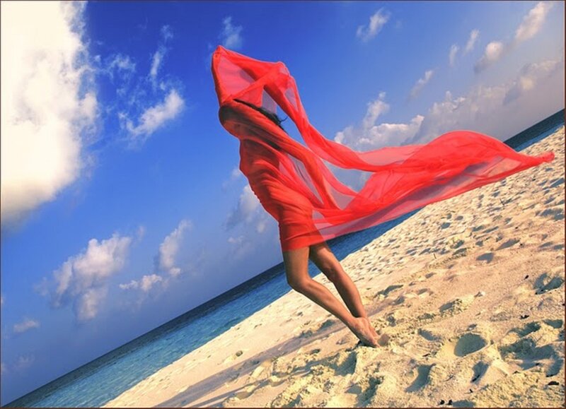 Woman in Red Dress — Dramatic, Afternoon, Photograph, Beach