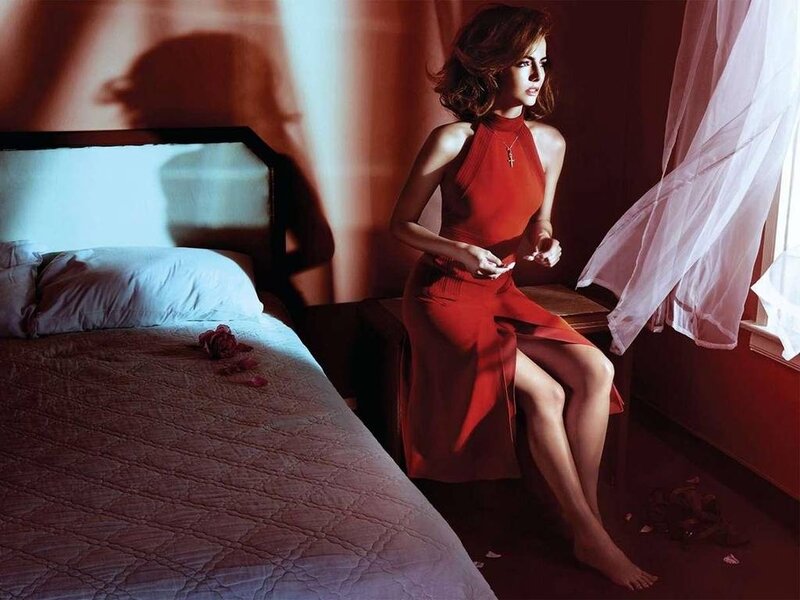Woman in Red Dress — Dramatic, Afternoon, Photograph, Bed