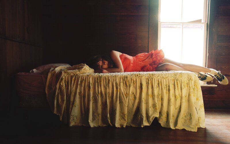Woman in Red Dress — Dramatic, Afternoon, Photograph, Bed, Window