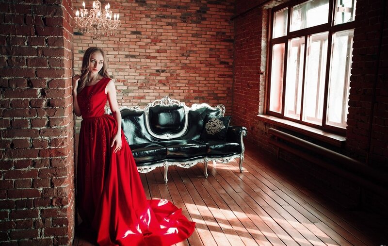 Woman in Red Dress — Dramatic, Afternoon, Photograph, Brick Wall