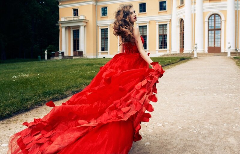 Woman in Red Dress — Dramatic, Afternoon, Photograph, Building, Grass