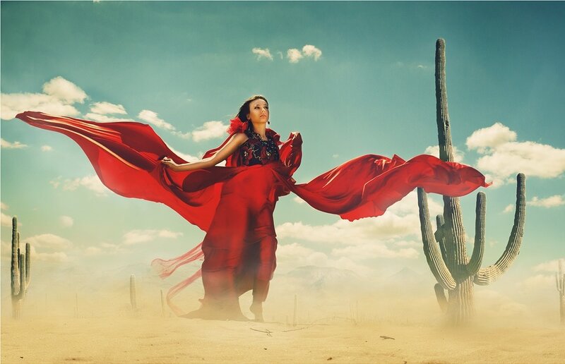 Woman in Red Dress — Dramatic, Afternoon, Photograph, Cactus