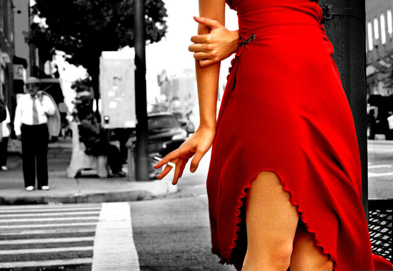 Woman in Red Dress — Dramatic, Afternoon, Photograph, Cigarette