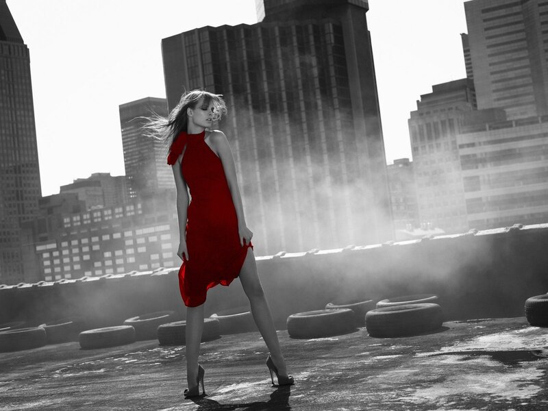 Woman in Red Dress — Dramatic, Afternoon, Photograph, City Skyline, Tires, Smoke, Black