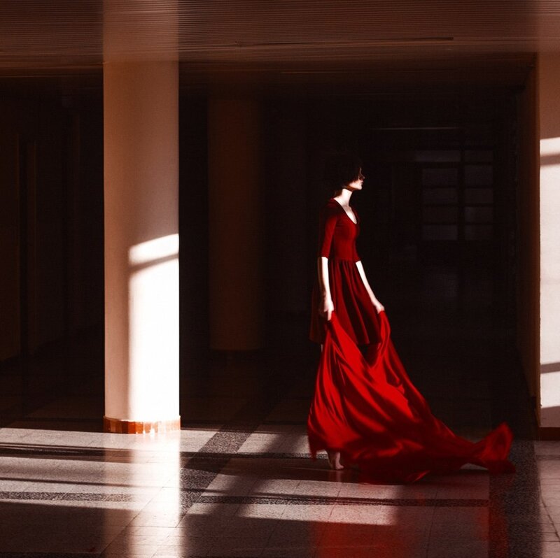 Woman in Red Dress — Dramatic, Afternoon, Photograph, Column