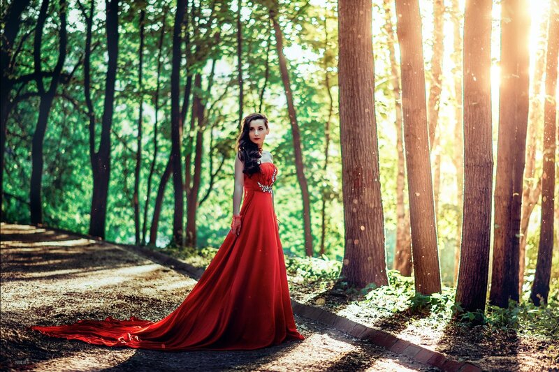 Woman in Red Dress — Dramatic, Afternoon, Photograph, Forest, Sunlight, Path