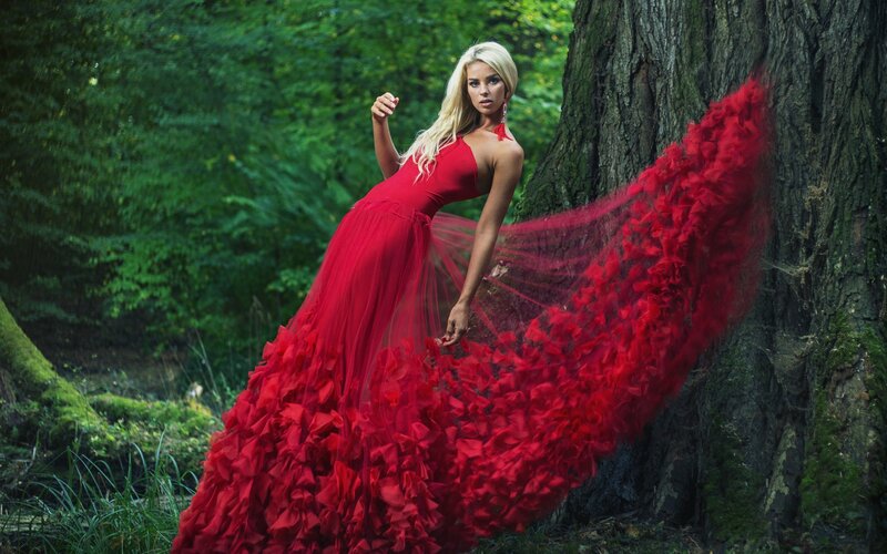 Woman in Red Dress — Dramatic, Afternoon, Photograph, Forest, Tree