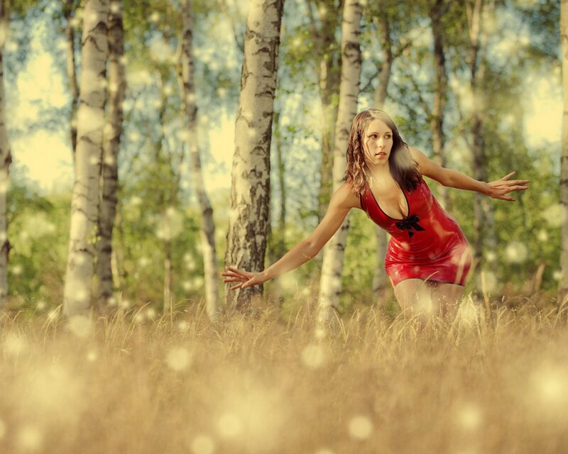 Woman in Red Dress — Dramatic, Afternoon, Photograph, Forest, Trees, Grass