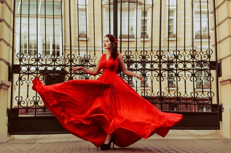 Woman in Red Dress — Dramatic, Afternoon, Photograph, Gate
