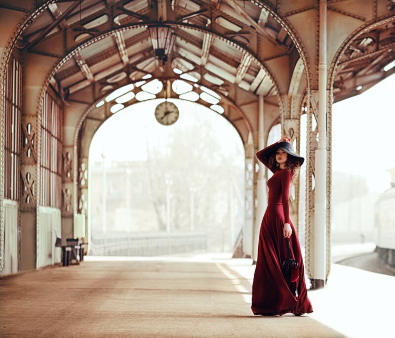 Woman in Red Dress — Dramatic, Afternoon, Photograph, Hat, Clock