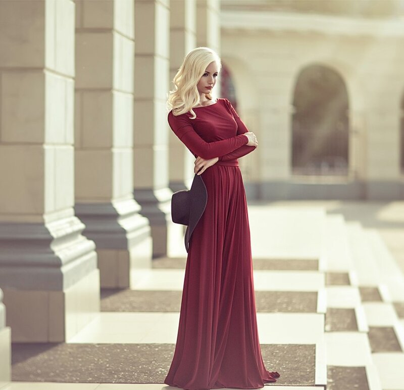 Woman in Red Dress — Dramatic, Afternoon, Photograph, Hat, Columns
