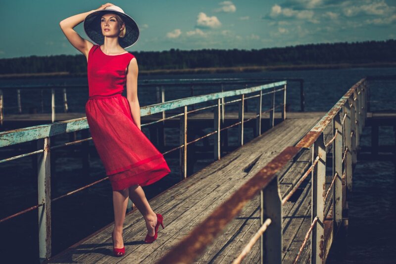 Woman in Red Dress — Dramatic, Afternoon, Photograph, Hat, Dock