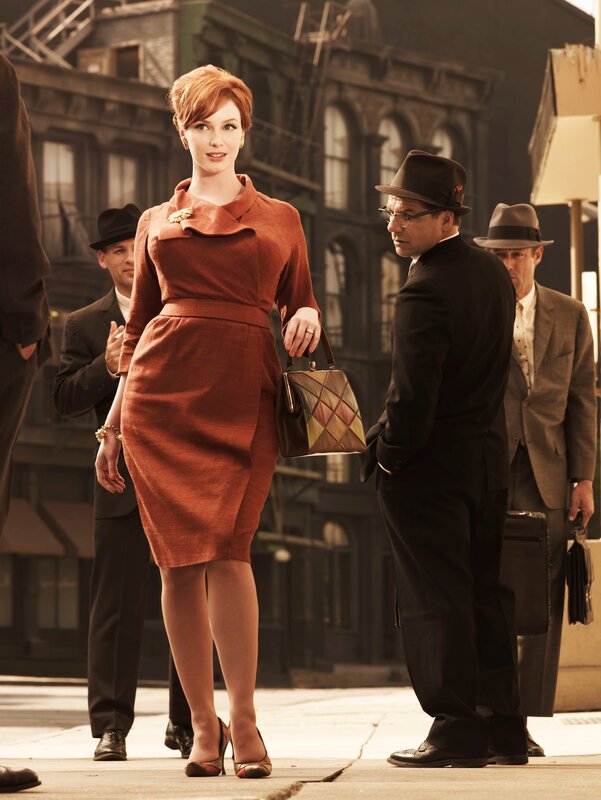 Woman in Red Dress — Dramatic, Afternoon, Photograph, Men in Suits, Handbag, City Street