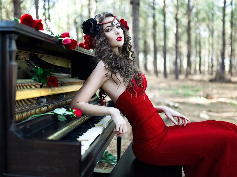 Woman in Red Dress — Dramatic, Afternoon, Photograph, Piano, Roses