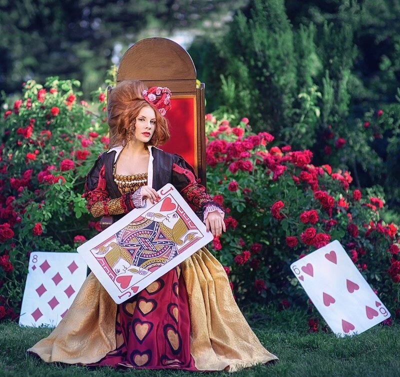 Woman in Red Dress — Dramatic, Afternoon, Photograph, Playing Cards, Rose Bushes