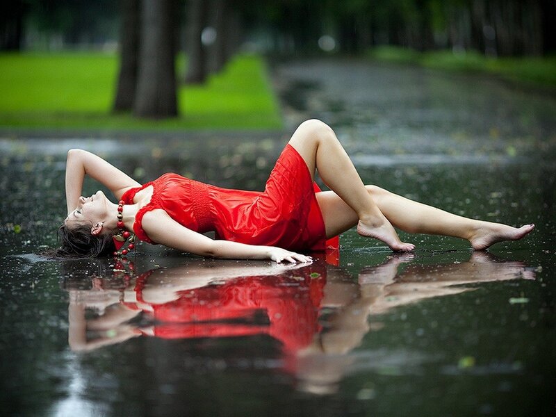 Woman in Red Dress — Dramatic, Afternoon, Photograph, Puddle
