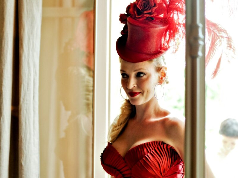 Woman in Red Dress — Dramatic, Afternoon, Photograph, Red Hat