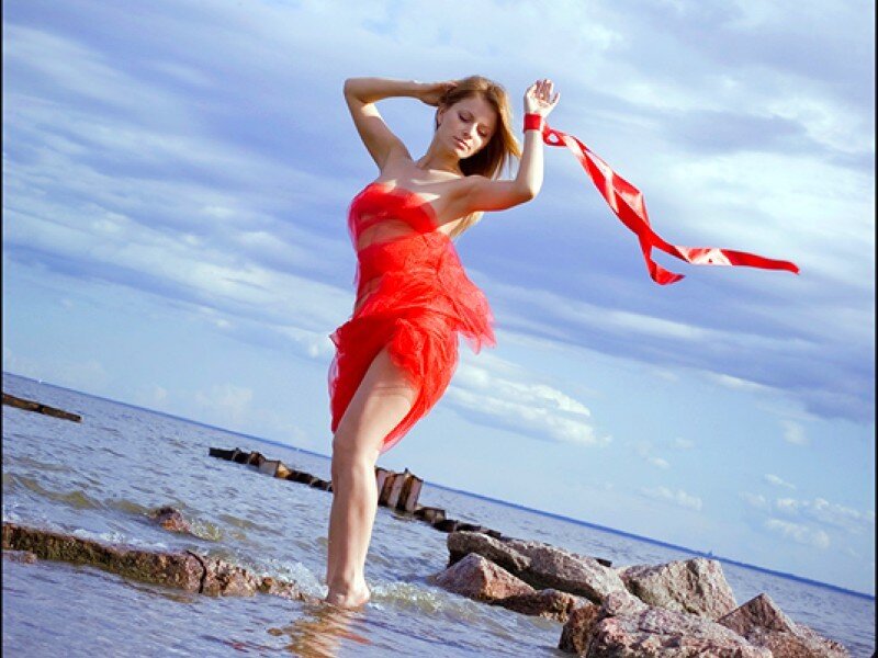 Woman in Red Dress — Dramatic, Afternoon, Photograph, Ribbon
