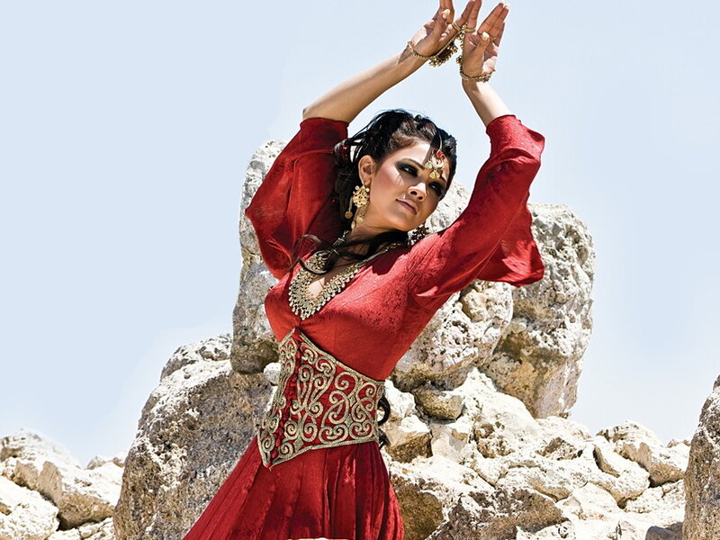Woman in Red Dress — Dramatic, Afternoon, Photograph, Rocks