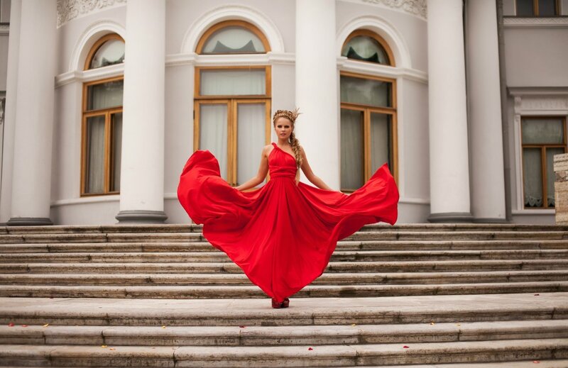 Woman in Red Dress — Dramatic, Afternoon, Photograph, Stairs, Building
