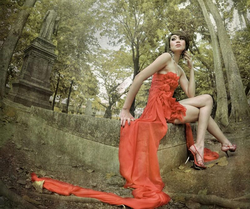 Woman in Red Dress — Dramatic, Afternoon, Photograph, Statue
