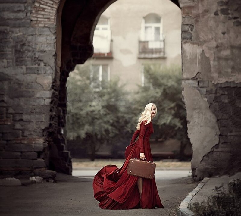 Woman in Red Dress — Dramatic, Afternoon, Photograph, Suitcase