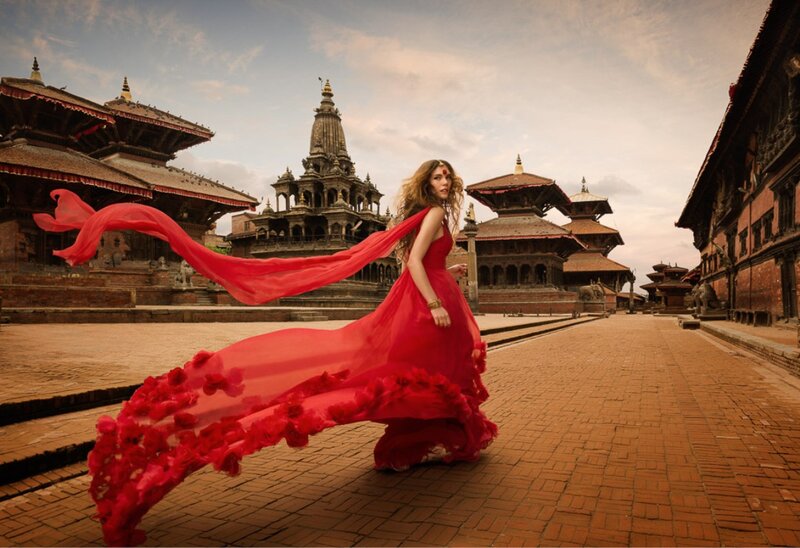 Woman in Red Dress — Dramatic, Afternoon, Photograph, Temple