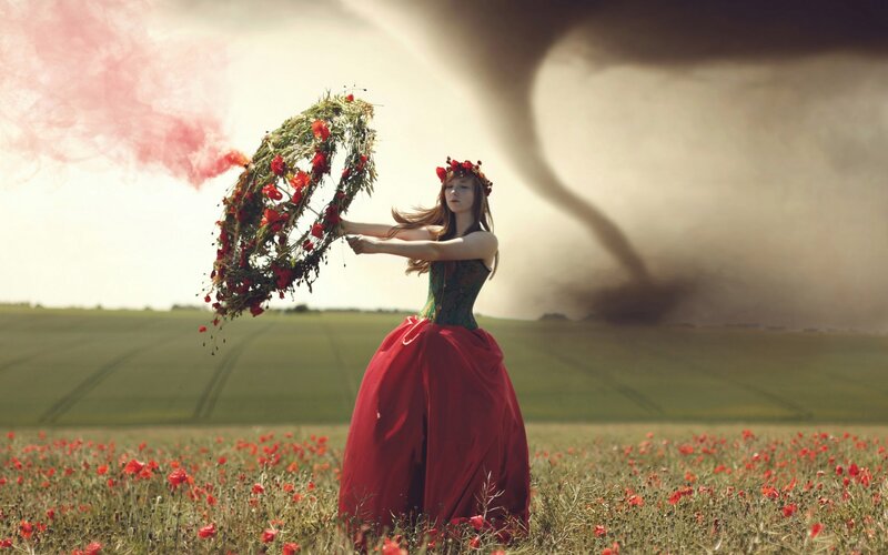 Woman in Red Dress — Dramatic, Afternoon, Photograph, Tornado