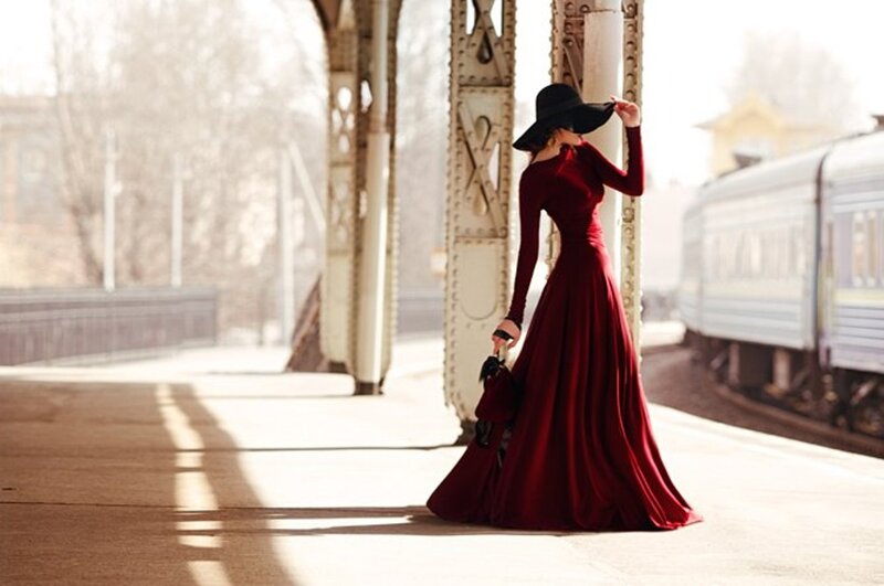 Woman in Red Dress — Dramatic, Afternoon, Photograph, Train, Hat