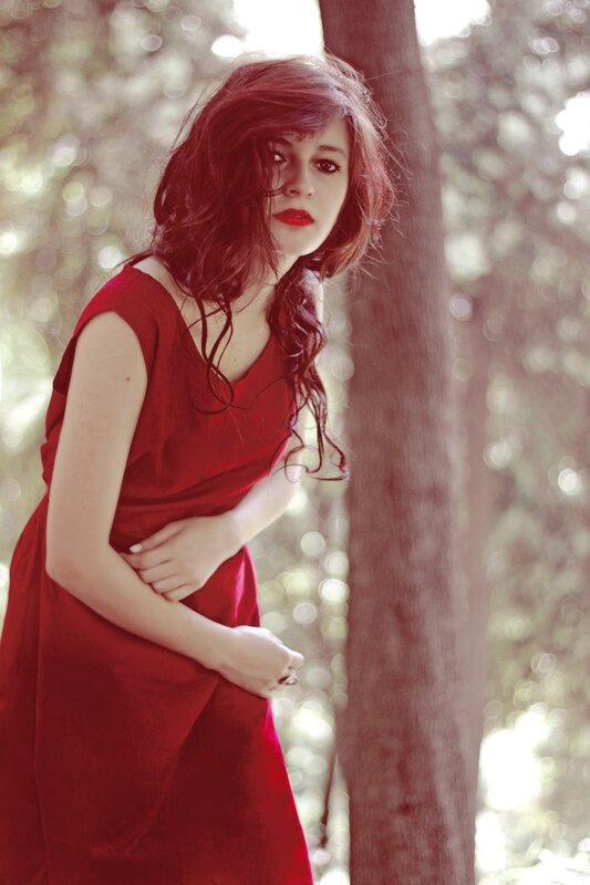 Woman in Red Dress — Dramatic, Afternoon, Photograph, Tree, Forest, Brown