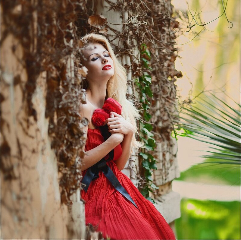 Woman in Red Dress — Dramatic, Afternoon, Photograph, Tree